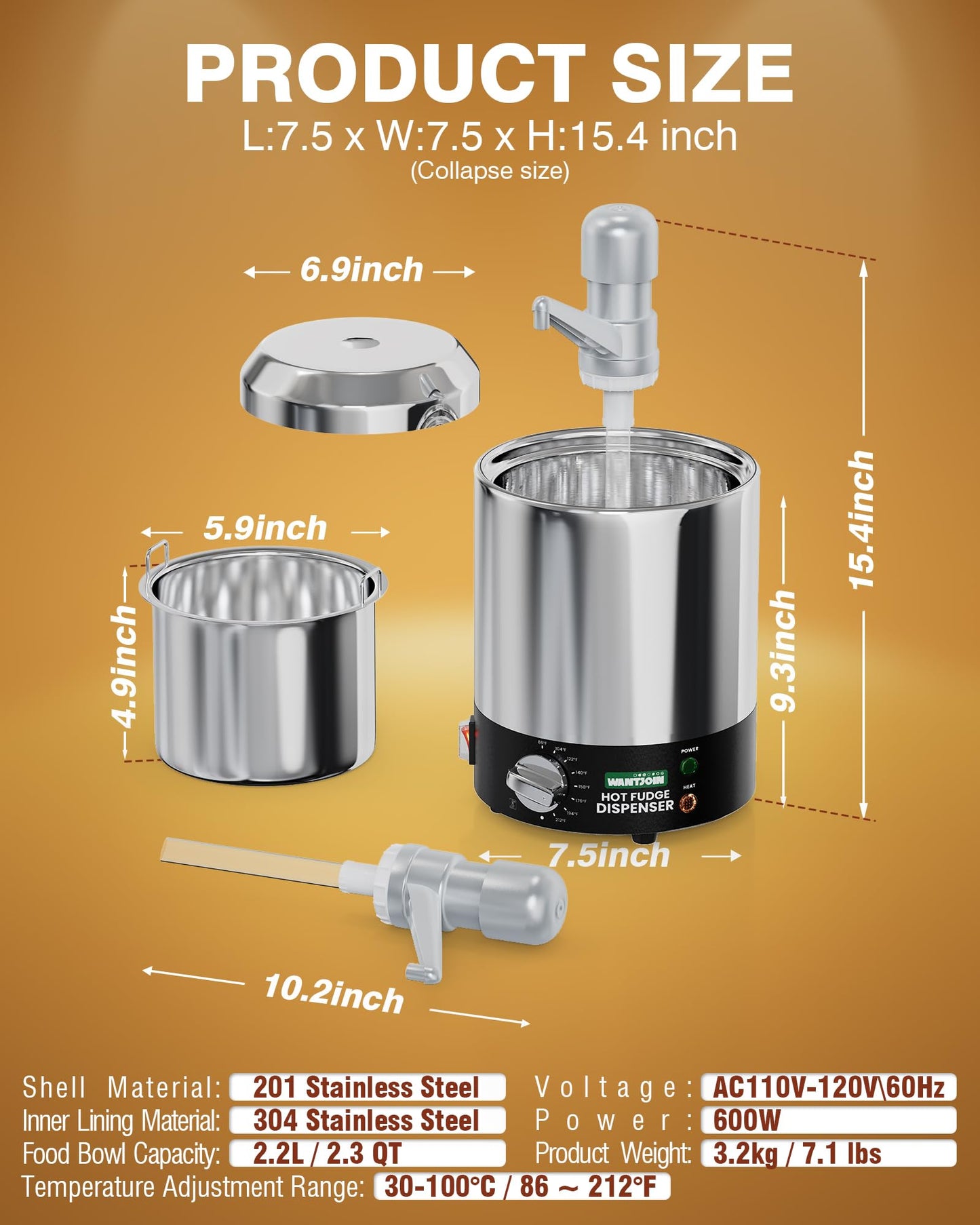 WantJoin Nacho Cheese Dispenser with Pump - 2.8QT Stainless Steel Warmer with 86-230°F Adjustable Temperature Control