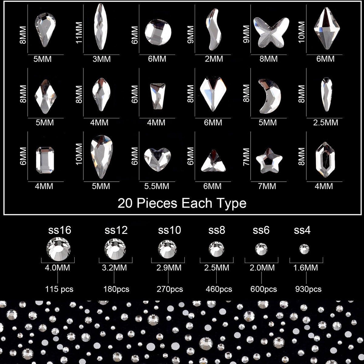 TEEKME 24-Grid Glass Nail Rhinestones Kit for Nail Art & Salon, 2800+pcs Clear Flat Back Crystals, 18 Shapes & 6 Sizes Diamonds for DIY, Acrylic & Gel Nails, with Tweezers