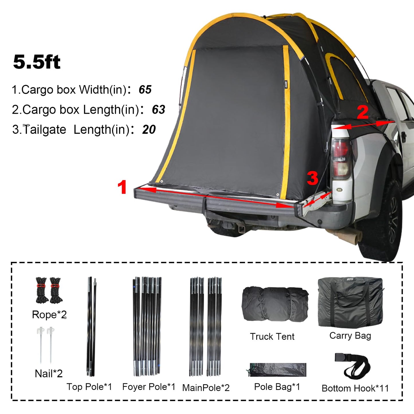 Hrefeu Pickup Truck Blackout Tent with Awning Black, Portable 5.5-6.5Ft Truck Bed Tent for Camping, Waterproof PU2000mm Double Layer for 2 Person, Compact and Full Size Regular Bed Long Bed (5.5-5.8)