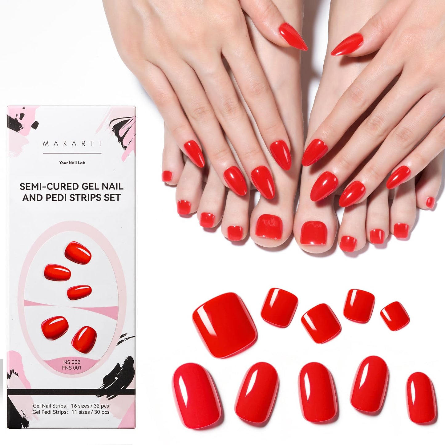 Makartt Semi Cured Gel Nail Strips Kit – 2 Hand Sets + 1 Toe Set, Real Gel, Hema & TPO Free, 16 Sizes Anti-Lift Fit, UV Required, Long Wear, Dual-Ended Tool & Prep Kit (Classic Red)