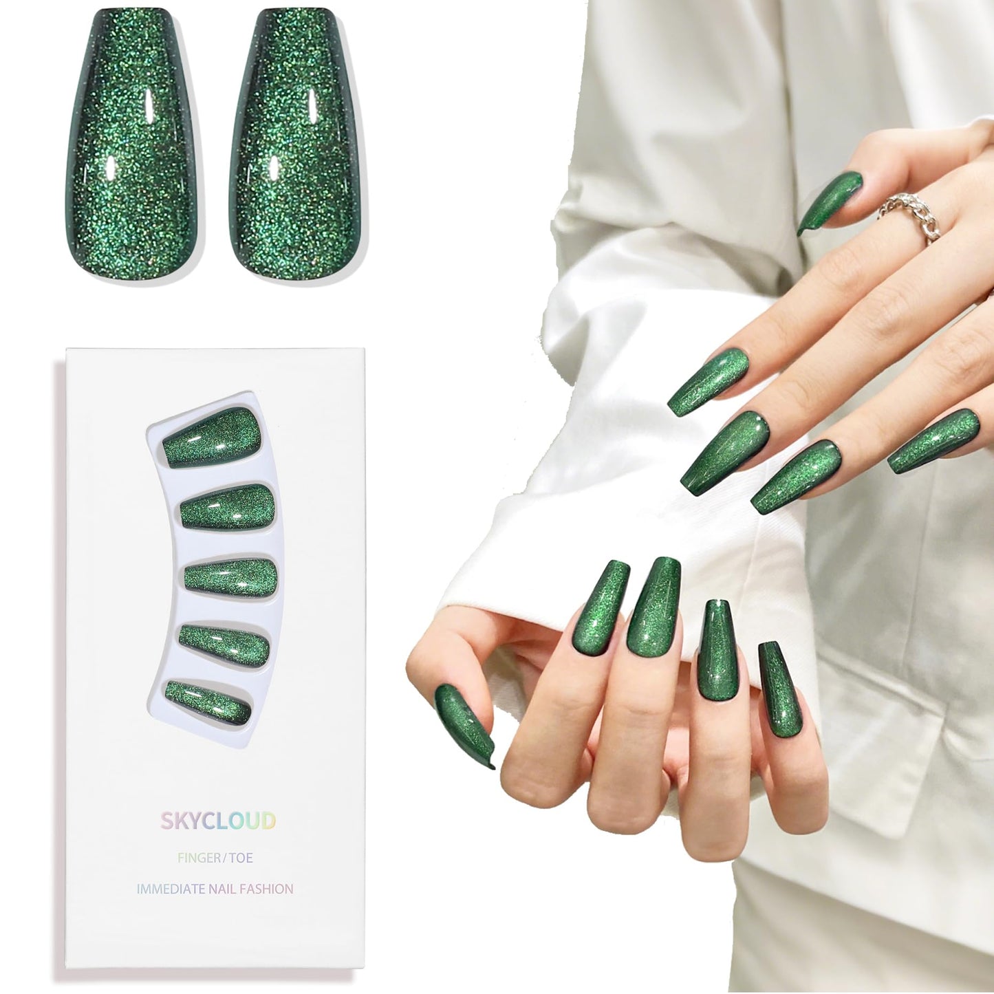 Dark Green Cat Eyes Press On Nails,12 Sizes - 24 Pcs Soft Gel Green Medium Coffin Fake Nails Kit with Nail Glue, Natural Reusable Stick On False Nails for Women and Girls SK0998