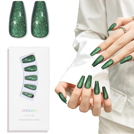 Dark Green Cat Eyes Press On Nails,12 Sizes - 24 Pcs Soft Gel Green Medium Coffin Fake Nails Kit with Nail Glue, Natural Reusable Stick On False Nails for Women and Girls SK0998