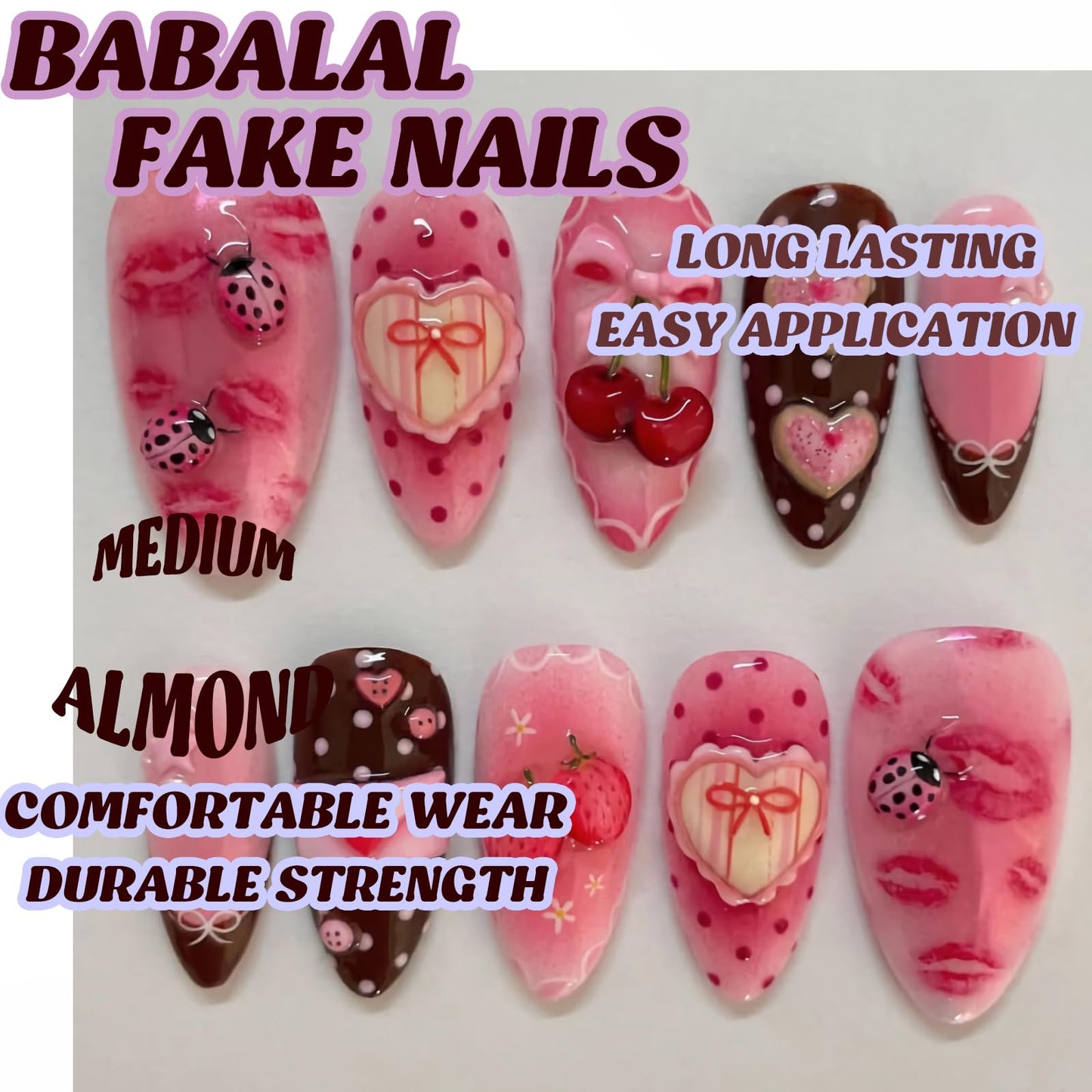 BABALAL Press on Nails Medium Almond Fake Nails Pink Strawberry Glue on Sweet Heart Bow Lips Art False Acrylic Nails Y2k 24Pcs Valentines Custom Stiletto Full Cover for Women Girls