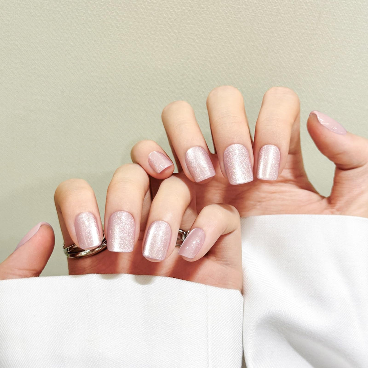 Moon White Cat Eyes Press On Nails,12 Sizes - 24 Pcs Soft Gel White Short Squoval Fake Nails Kit with Nail Glue, Natural Reusable Stick On False Nails for Women and Girls SK1064