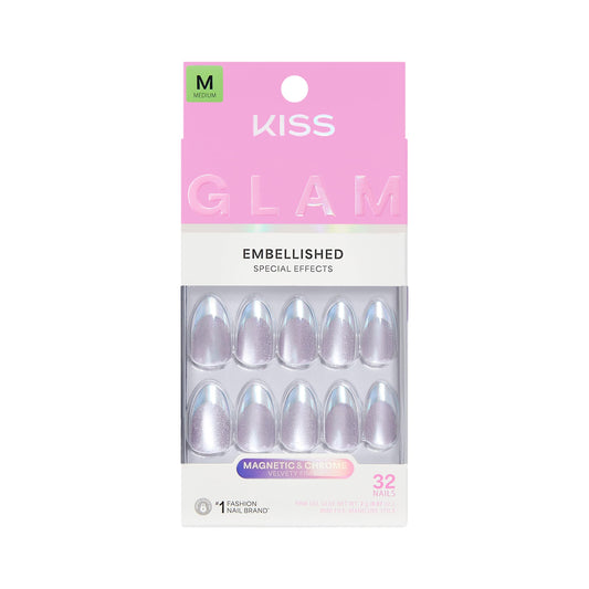 Kiss Glam, Press On Nails, Nail glue included, 'Fairy Tale', Pink, Medium Size, Almond Shape, Includes 32 Nails, 2g Glue, 1 Manicure Stick, 1 Mini File