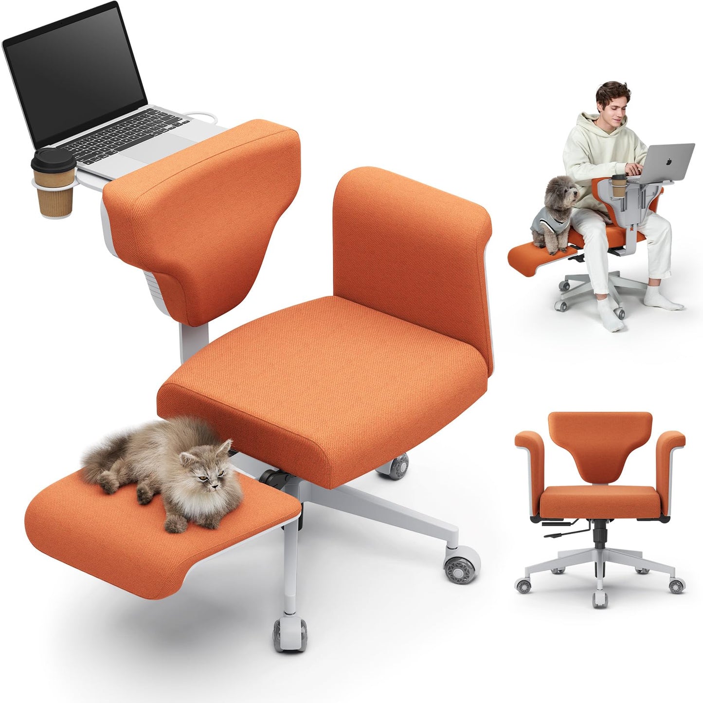 Newtral Criss Cross Chair with Wheels & Armrests, Ultimate Cross Legged Office Chair with Hidden Tray, Multi-Position Recliner Vanity, Ideal for Home Office, Bedroom (Criss Cross Chair, Orange)