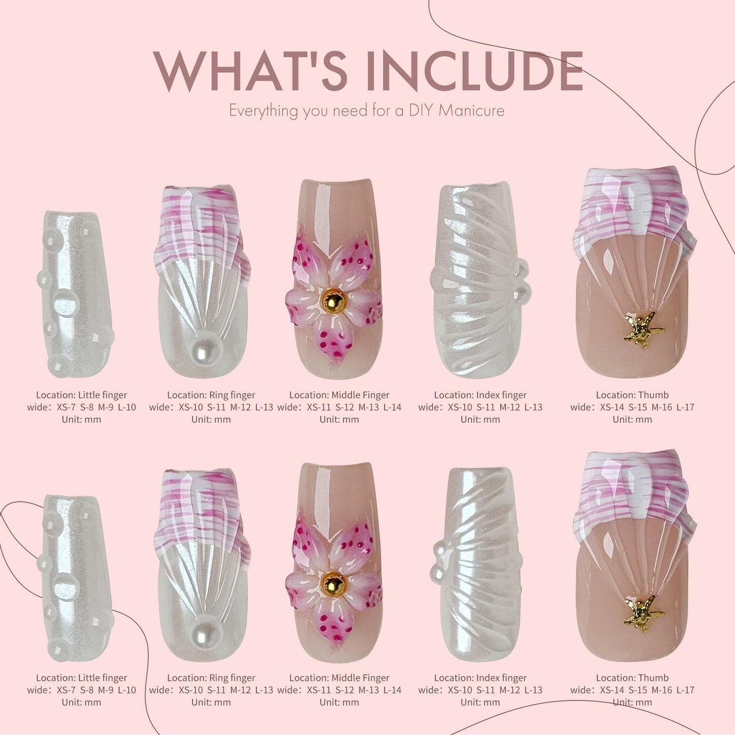 Pink Shell Dream Romantic 3D Floral Pearl Press on Nails, Elegant Girly Acrylic UV Gel Fake Nails for Women, Cute Press-Ons for Date Party Daily Wear (Pink, S)
