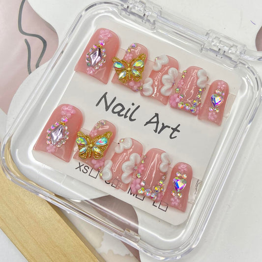 Handmade Press on Nails Butterfly Press on Nails Short Duck Shaped Fake Nails Rhinestones Acrylic Nails Full Cover Reusable Flower False Nails for Women Girls Nail Accessories (Size S)