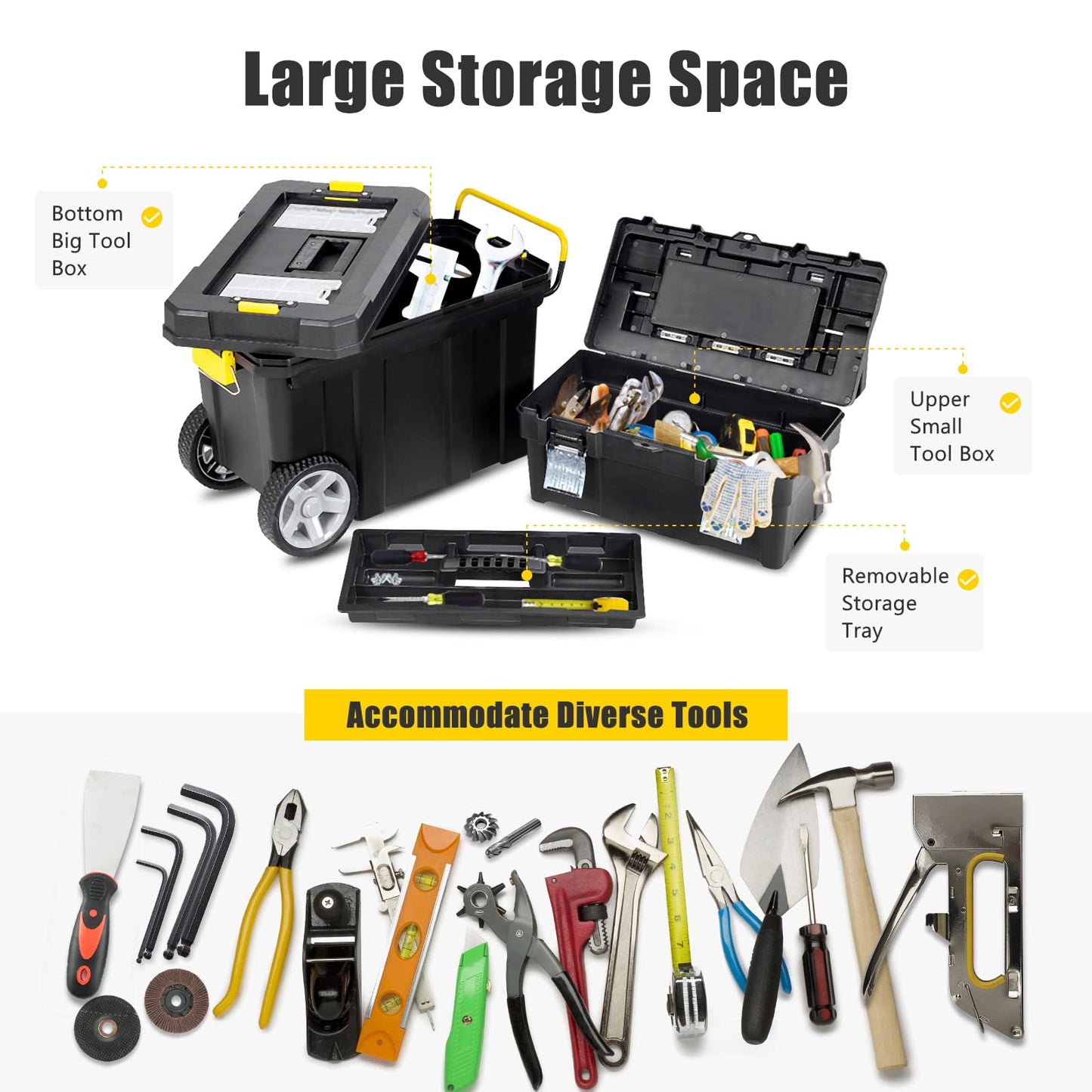 Goplus 2-in-1 Tool Box Portable Rolling Toolbox Storage Solution Multi-Purpose Plastic Organizer Set Mobile Workshop with Wheels