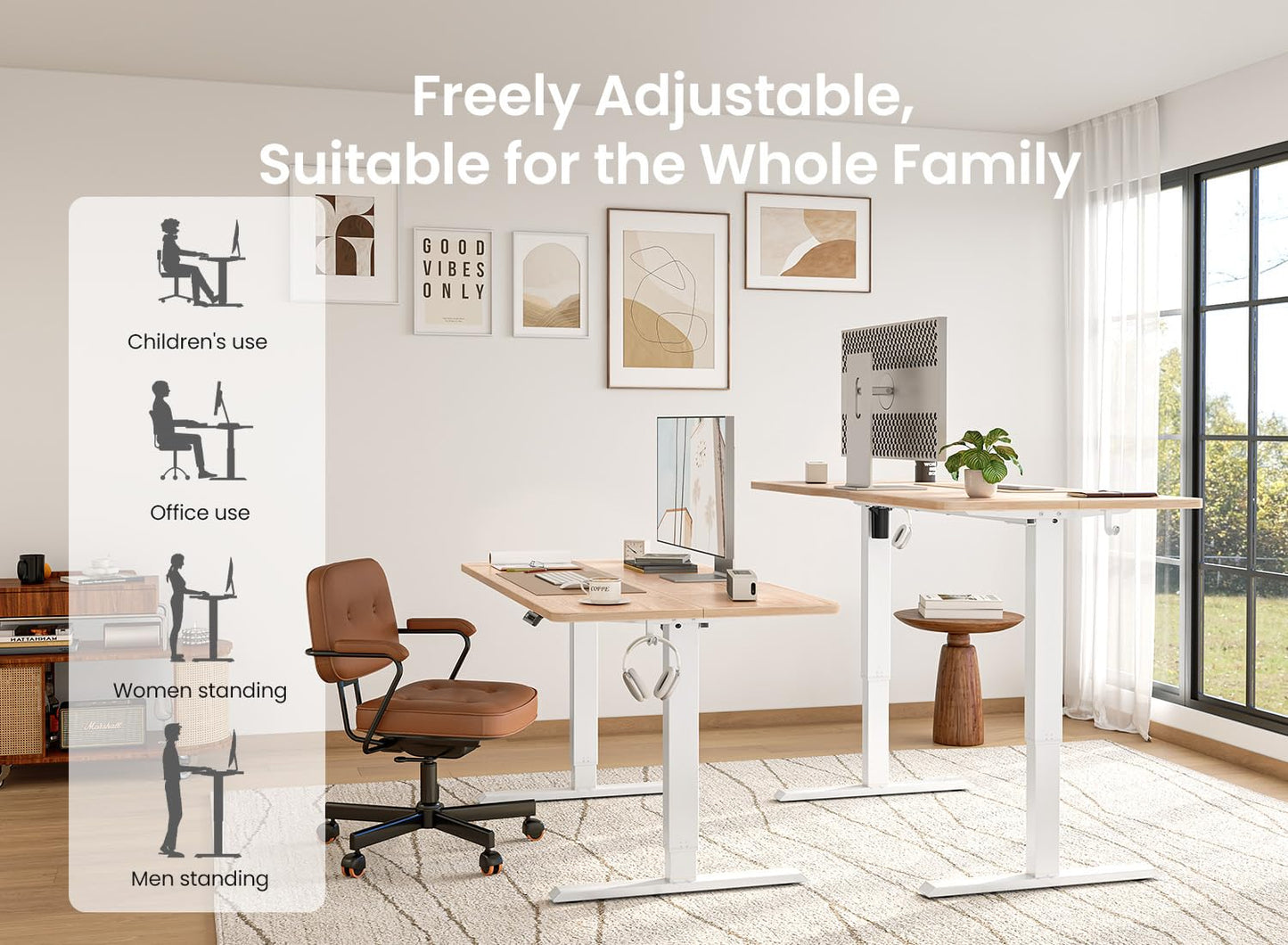 BANTI 55 × 28 Inches Standing Desk, Ergonomic, Electric Height Adjustable, Sit and Stand Up, Computer Desk with a Deeper Desktop, White Frame/Maple Top