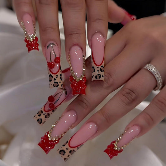 MISUD Press on Nails - Long Square Fake Nails with Red French Tip, Acrylic Cherry Cheetah Design 24 pcs