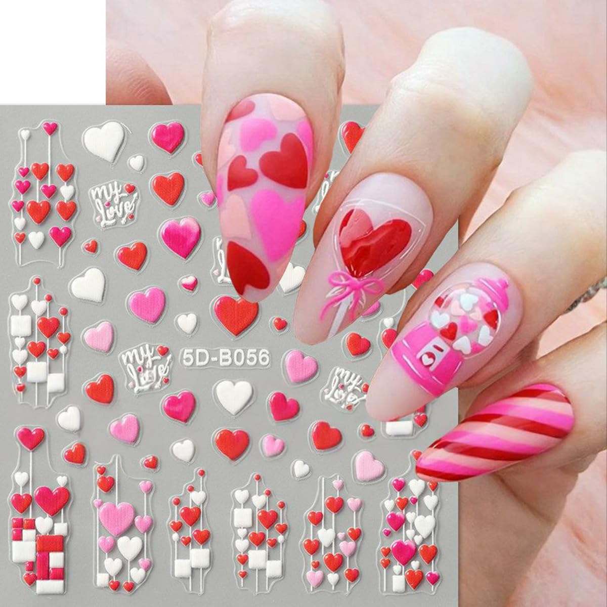 Valentine’s Day Nail Stickers for Nail Art, 5D Embossed Love Heart Nail Decals 2PCS Red White Pink Heart Envelope Rose Balloons Self-Adhesive Valentines Nails Design Manicure Accessories for Women