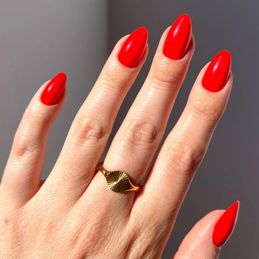 Glamnetic Press On Nails - Fiery Red | Opaque Bright Red Short Almond Fake Nails, Salon Quality | 15 Sizes - 30 Nail Kit with Glue
