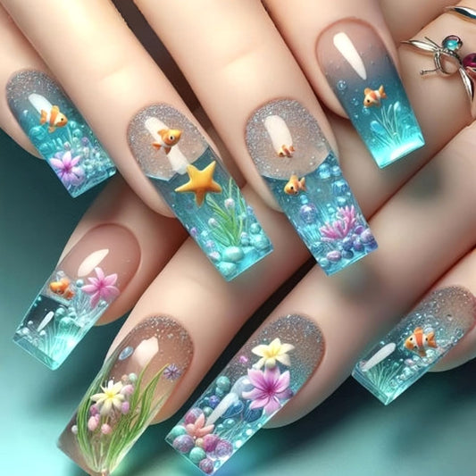 LOPMNGHT Flower Press on Nails Long Square Artificial Acrylic Fingernails Blue Ocean with Clown Fish Starfish Pattern Design Glossy Stick on Nail Full Cover Coffin Artificial Nails for Women 24Pcs