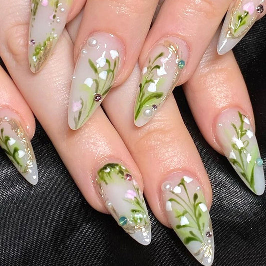 24Pcs Green Press on Nails Medium Almond Fake Nails with 3D Rhinestones Charms Handmade Nail Press ons Gradient Flower Plant Stick on Nails Almond Shape Acrylic Nails Artificial Nails for Daily Wear