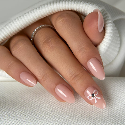 CurvLife Press On Nails Short Almond – 30Pcs Nude Pink Soft Gel Fake Nails, Glossy Glue On Nails with 3D Bow Design, Natural Fit Stick On Nails for Women & Girls