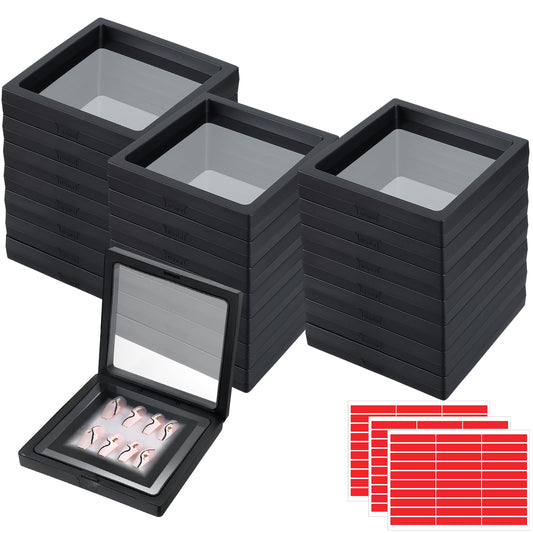 30 Pcs Press on Nail Packaging Box Set with 90 Adhesive Tapes, 3D Floating Display Case Storage Container for Artificial Nails and Jewelry Accessories (Black)