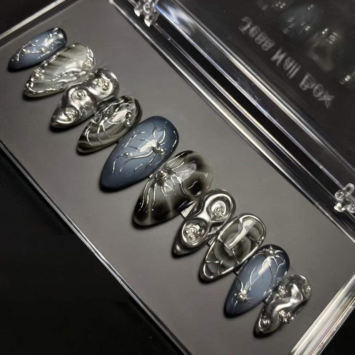 30Pcs Goth Press on Nails Medium Almond Fake Nails 3D Silver Alloy Chrome Glitter Design Y2k Glue on Nails Full Cover Glue on Nails Reusable Handmade Nails Black False Nails for Women Acrylic Nails