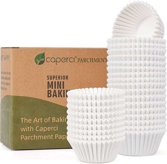 Caperci Parchment 400pcs Mini Cupcake Liners for Baking - White Paper Muffin Liners for Mini Muffin Pan, Balanced Non-Stick/Excellent Grease-proof, No Smell, Food Grade (White)
