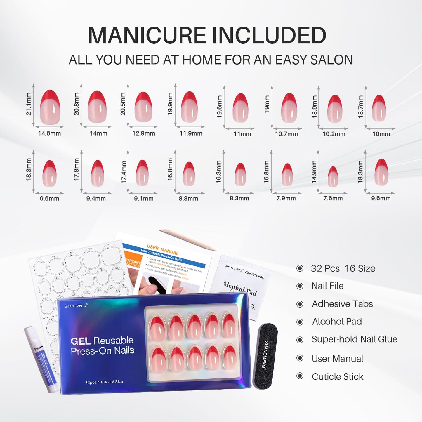 Red French Tip Press on Nails Short - SHANGMENG Soft Gel Almond Press on Nails for Women Gift, Fit Perfectly & Natural Glue on Nails with Glue in 16 Sizes - 32 Reusable Fake Nails, Red French