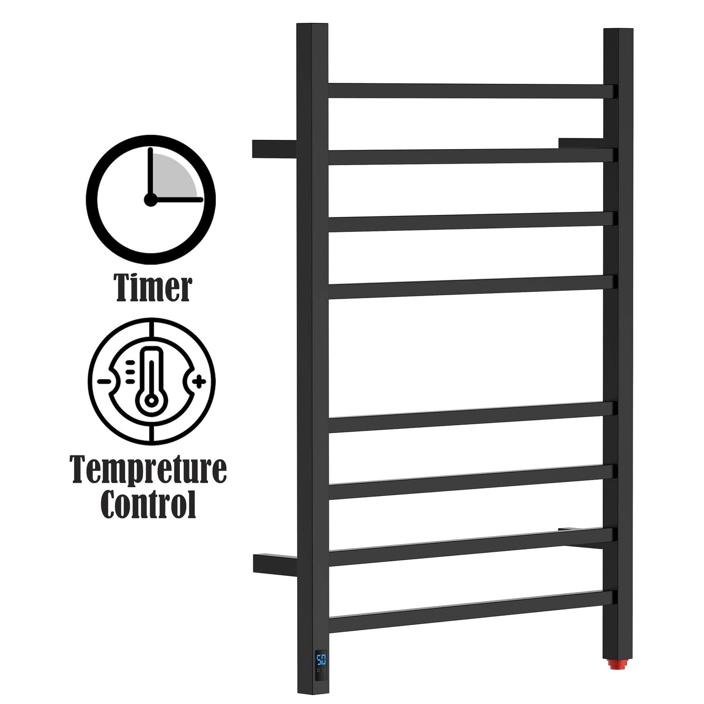 HEATGENE Towel Warmer with Timer and Temperature Control, Electric Towel Warmer with 8 Square Bars, Wall-Mounted Electric Towel Rack with 8 Square Bars, Plug-in/Hardwired Towel Rails - Matte Black