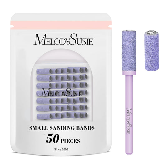MelodySusie 50 Pcs Nail Drill Bits Small Sanding Bands with 3.1mm Mandrel Bit, 180 Fine Grit Nail File for Acrylic Nails Gel Manicures and Pedicure, Purple
