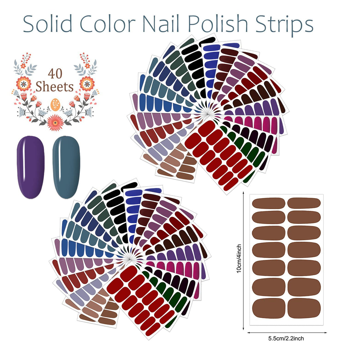 JERCLITY 560 Pieces 40 Sheets Dark Solid Color Nail Polish Strips Retro Nail Wraps for Short Nails with Nail File Self-Adhesive Punk Rock Style Nail Stickers Full Nail Wraps for Women Girls Nail Art