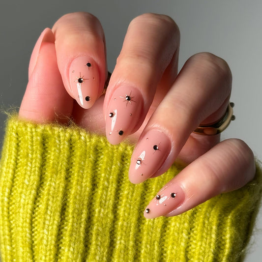 Glamnetic Press On Nails - Pink Comet | Short Almond Fake Nails in Pale Blush Pink with Lavender 3D Gems in a Glossy Finish, Salon Quality | 15 Sizes - 30 Nail Kit with Glue