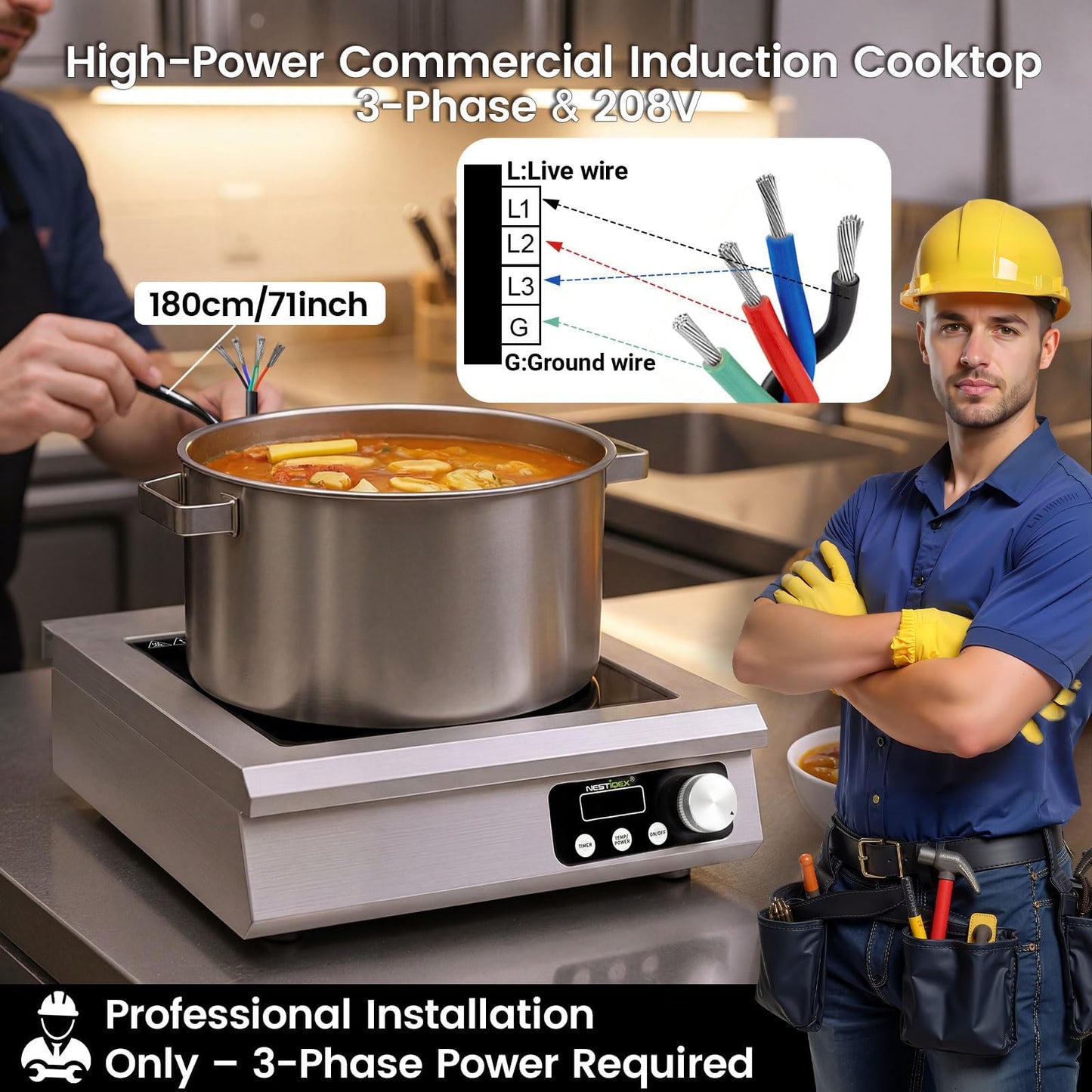 5000W Commercial Induction Cooktop, NESTIQEX 208V 3-Phase Large Induction Burner with 20 Power & Temp Levels, 9" Large Coil, 24h Timer, Pro Electric Countertop Burners for Restaurant