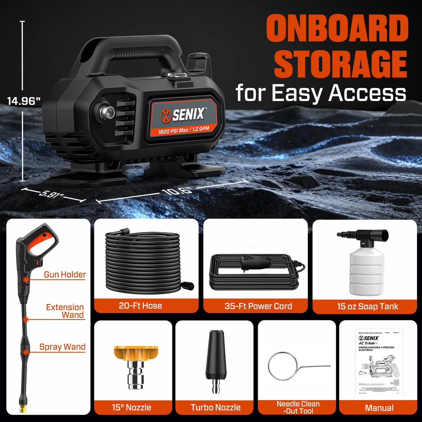 SENIX 1100 PSI Electric Pressure Washer with Foam Cannon - Compact Power Washer for Cars, Driveways, Patios & Outdoor Cleaning - Includes 15° Nozzle, Turbo Nozzle, Spray Gun, 20 ft Hose & 35 ft Cord