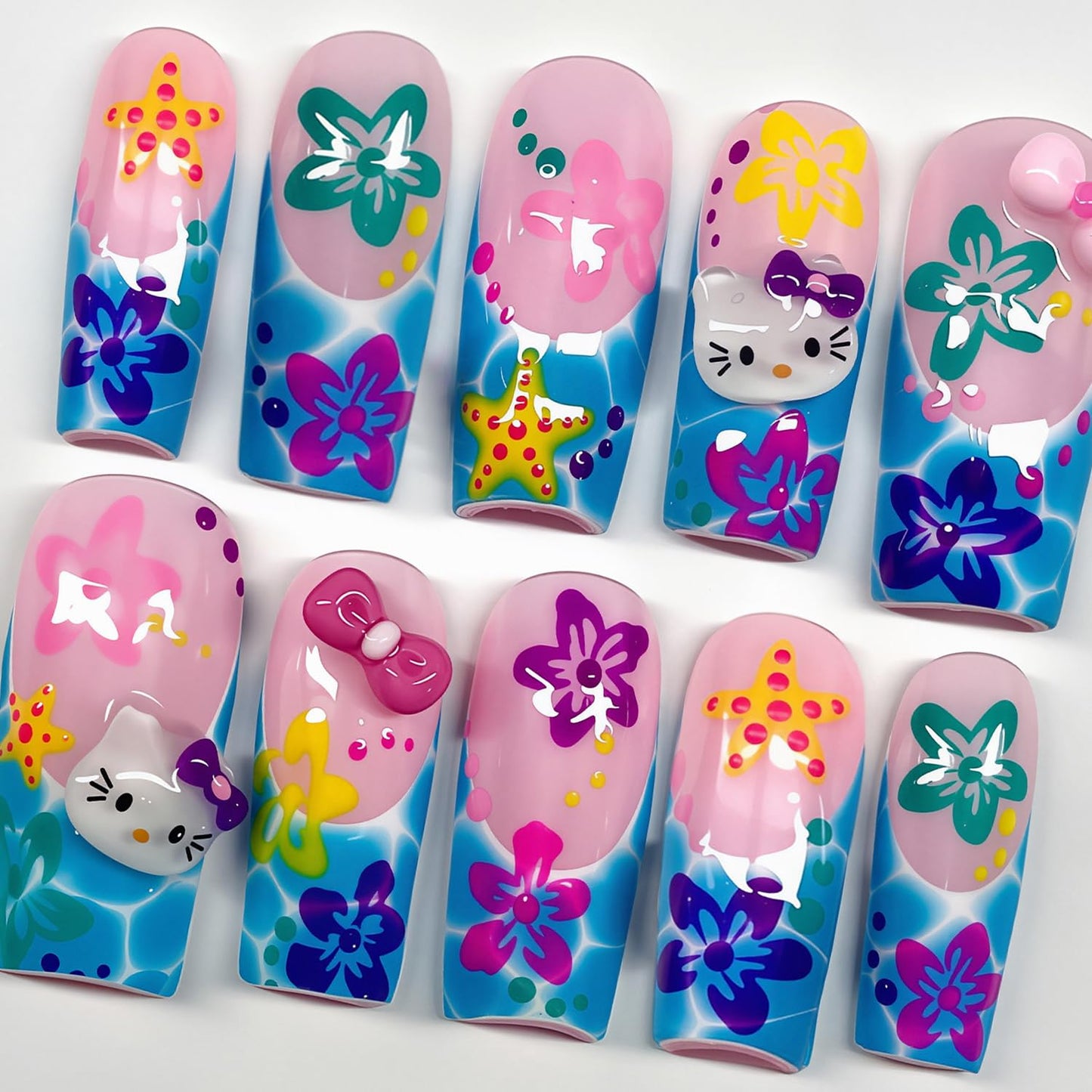24Pcs Summer Press on Nails Long Coffin Fake Nails with Cute Bow Designs Summer Beach Acrylic Nails Starfish Hibiscus Flower Acrylic Nails Cute Cartoon French Tip Full Cover Glue on Nails for Women