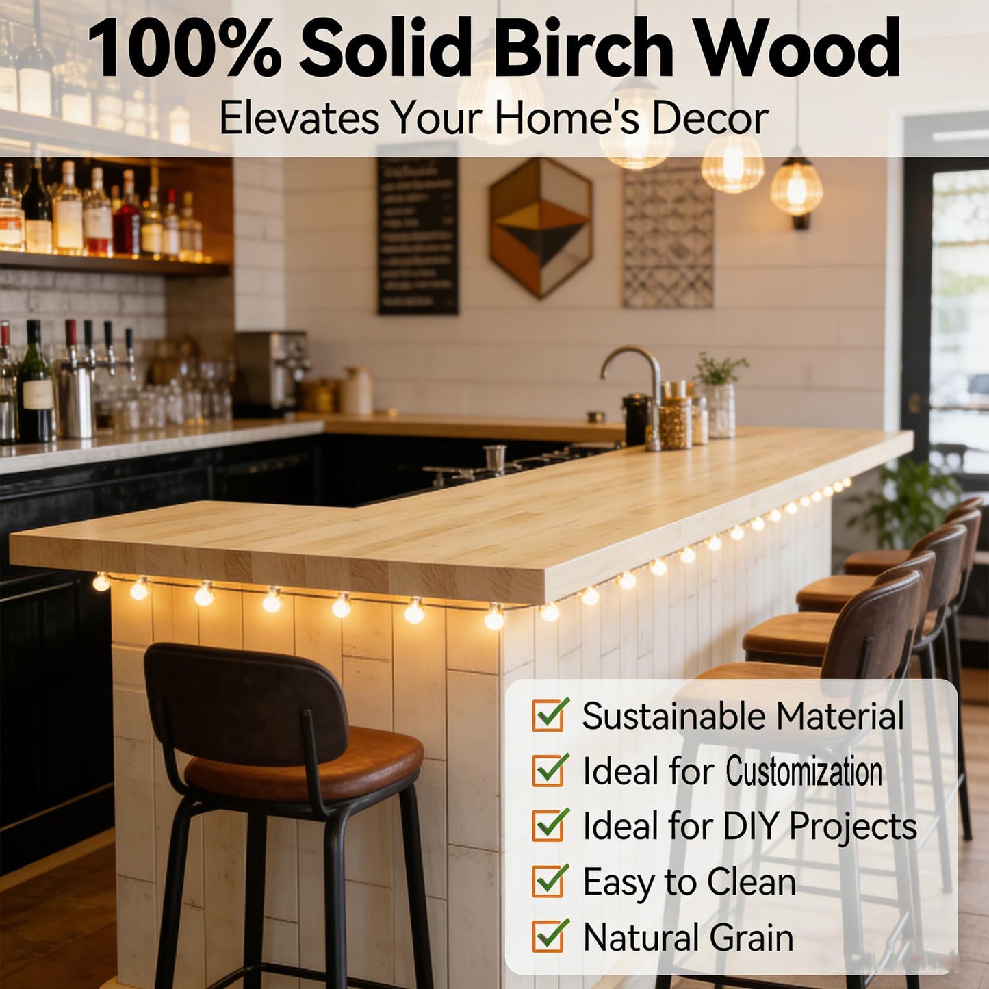 4FT x 25IN Solid Birch Wood Butcher Block Countertop - Intravast 1.5 Inch Thick Unfinished Heavy Duty DIY Butcher Block for Kitchen Island, Bar Top, Workbench, Laundry Room Dining Table