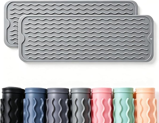 2 Pack Caketime Silicone Dish Drying Mat for Kitchen Counter Bathroom Under Sink Protector Faucet Drip Gadgets Clearance Washer Dryer Countertop Organizer Drain Tray 17"x6" Light Gray