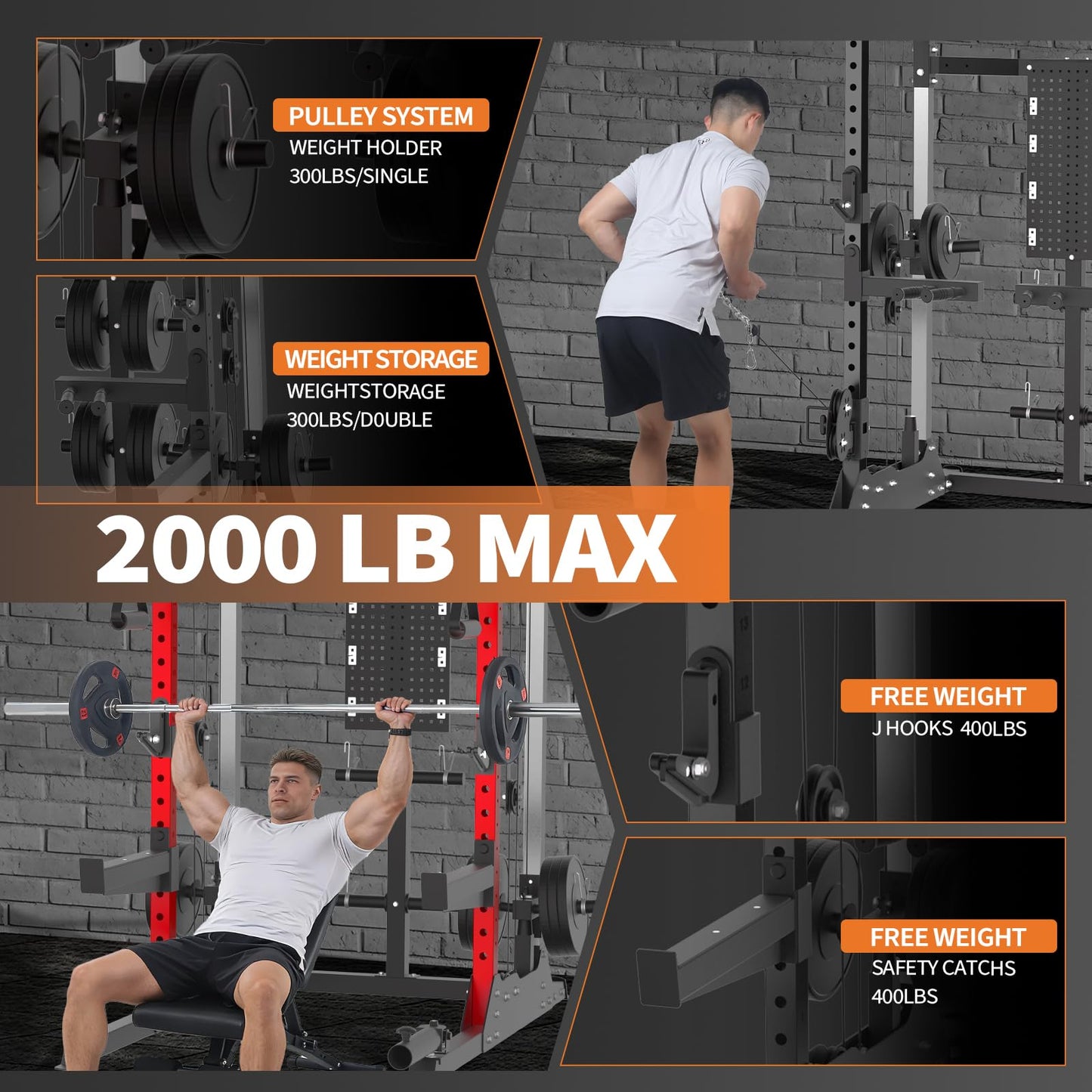 GarveeLife Power Cage, 2000 LB Power Rack with Dual Pulley Cable Crossover, Multi-Function Home Gym Squat Rack with Attachments, Full Body Strength Training Equipment for Home