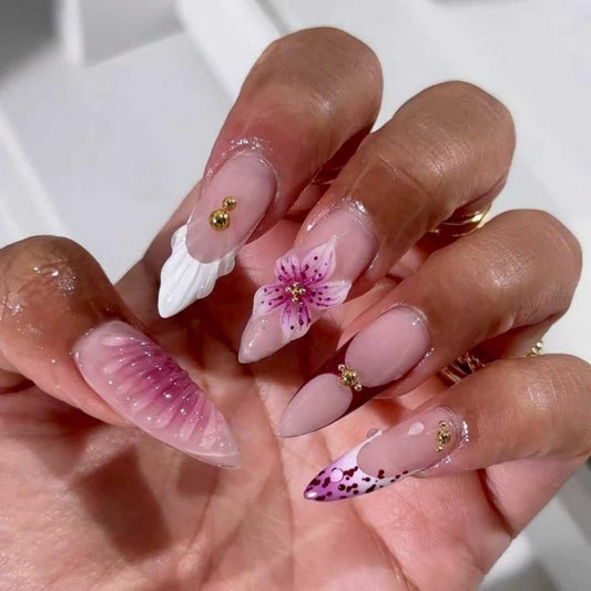 Almond Press on Nails Medium Nails Press on with Purple Bow Design Glossy White French Tips Glue on Nails Ombre Water Ripple Fake Nail Reusable Winter Xmas False Nail for Women Manicure 24Pcs