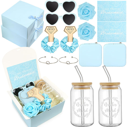 HOMENERGY Bridesmaid Proposal Gifts Set 2 - "Will You Be My Bridesmaid Kit with Elegant Box Jewelry Box Glass Cup Invited Cards Knotted Bracelets Sunglasses Scrunchies Raffia Grass (Blue, 18Pcs)