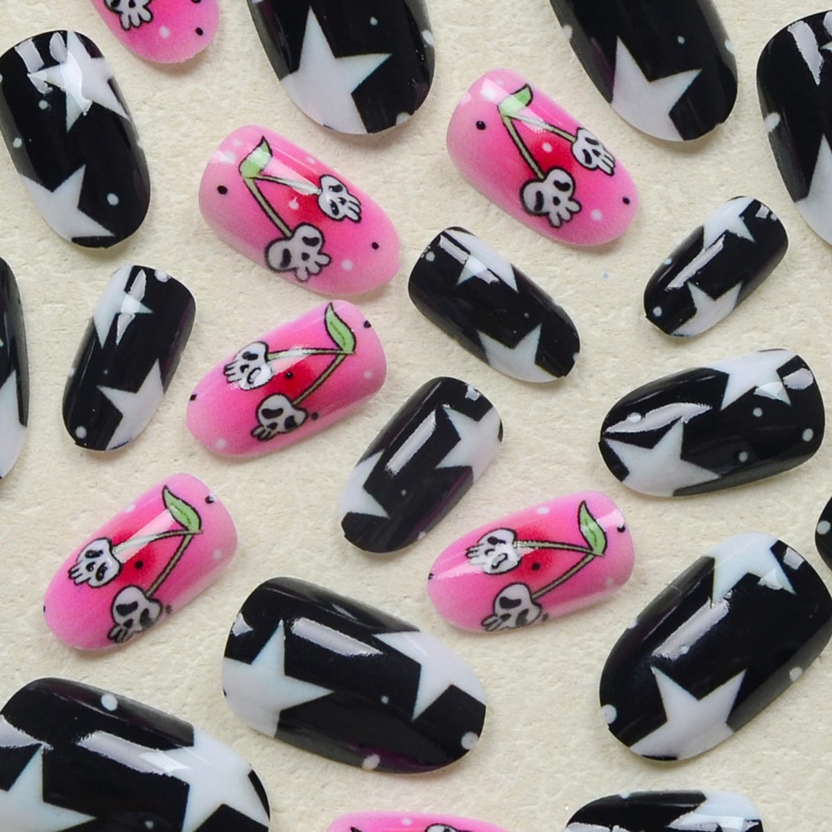 IMSOHOT Halloween Press on Nails - Short Oval Fake Nails, Pink Black, Cute Ghost Cherry Designs, Full Cover Round Acrylic False Nails for Women Girls 24Pcs