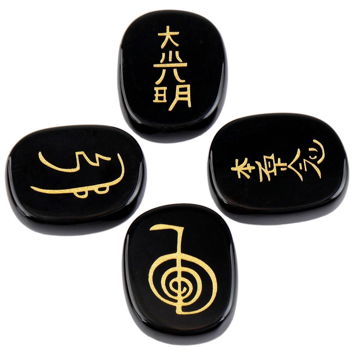 rockcloud Healing Crystal Black Agate 4pcs Engraved Chakra Stones Palm Stone Reiki Balancing