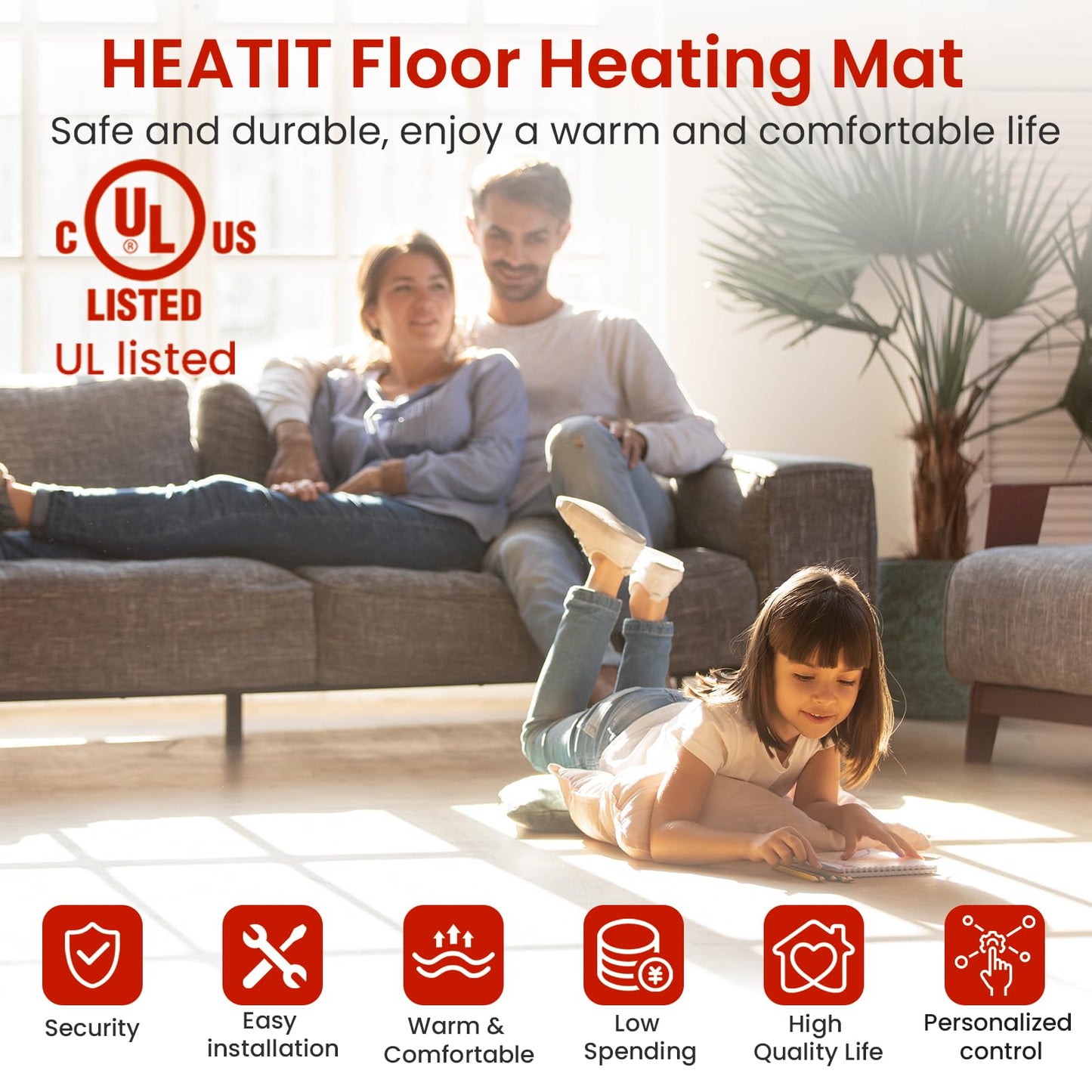 90 sqft HEATIT Warmmat Electric Radiant Self-adhesive Floor Heat Heating System & ET-7AW Thermostat & Alarm Monitor