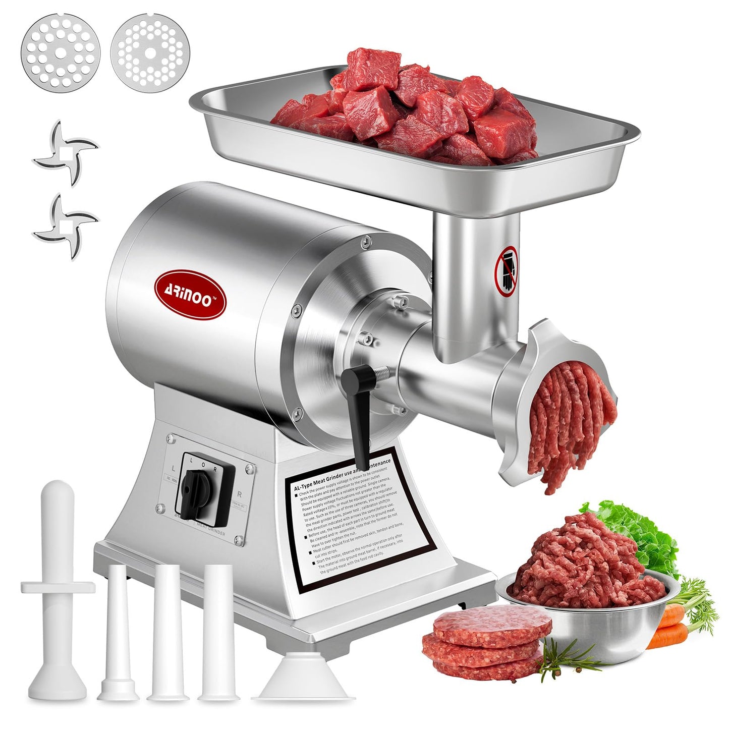 ARINOO Commercial Meat Grinder #8C, 0.6HP Heavy Duty Stainless Steel Industrial Meat Mincer w/2 Blades & Meat Pusher,Electric Meat Grinders for large batches home butchering, or small farm processing