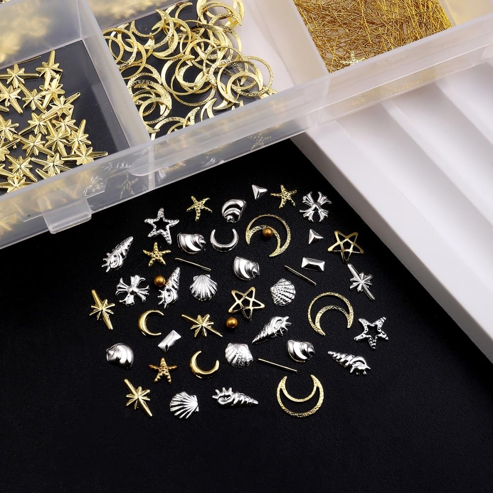 Gold Silver Nail Charms 3D Alloy Flower Nail Gems Metal Moon Star Nail Jewels Ocean Beach Starfish Seashell Gold Beads Nail Art Supplies with Tweezer for Women DIY Acrylic Nail 24 Grids 1 Box