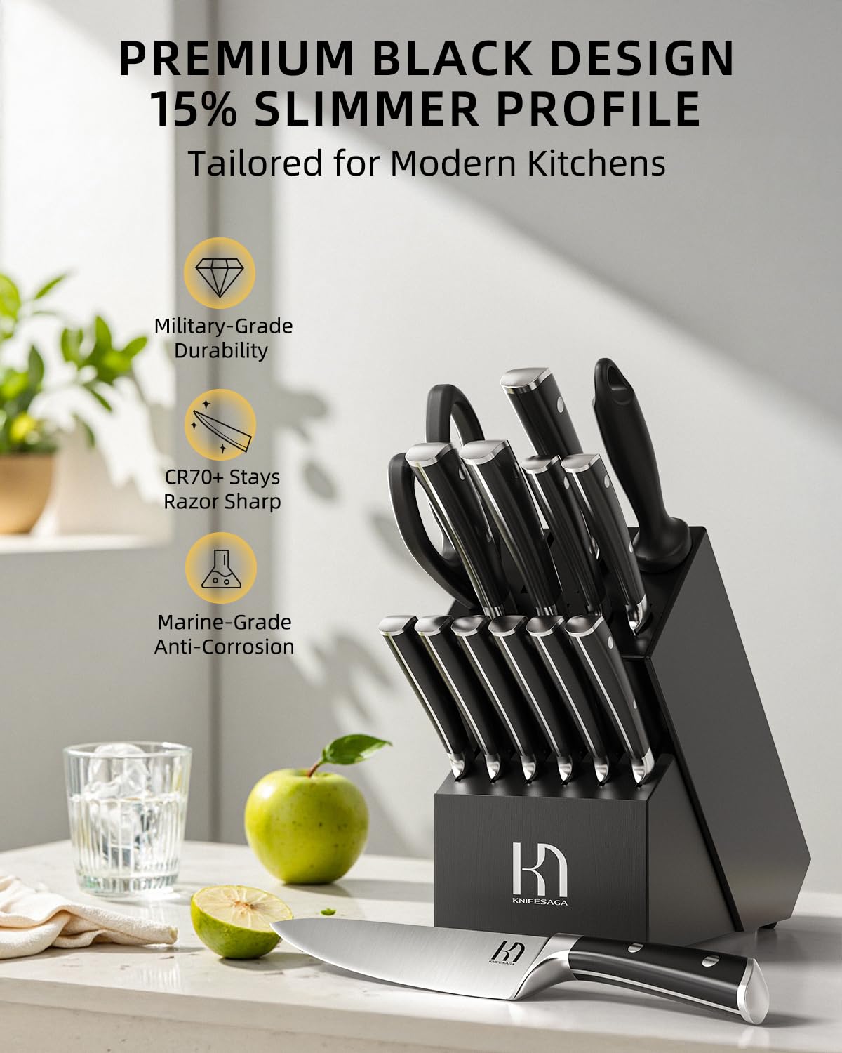 KnifeSaga Knife Set 15 Pcs High Carbon Stainless Steel Kitchen Knife Sets with Block & Sharpener, Premium Razor-Sharp Black Knives Block Set for Kitchen, Ergonomic Full-Tang Handle
