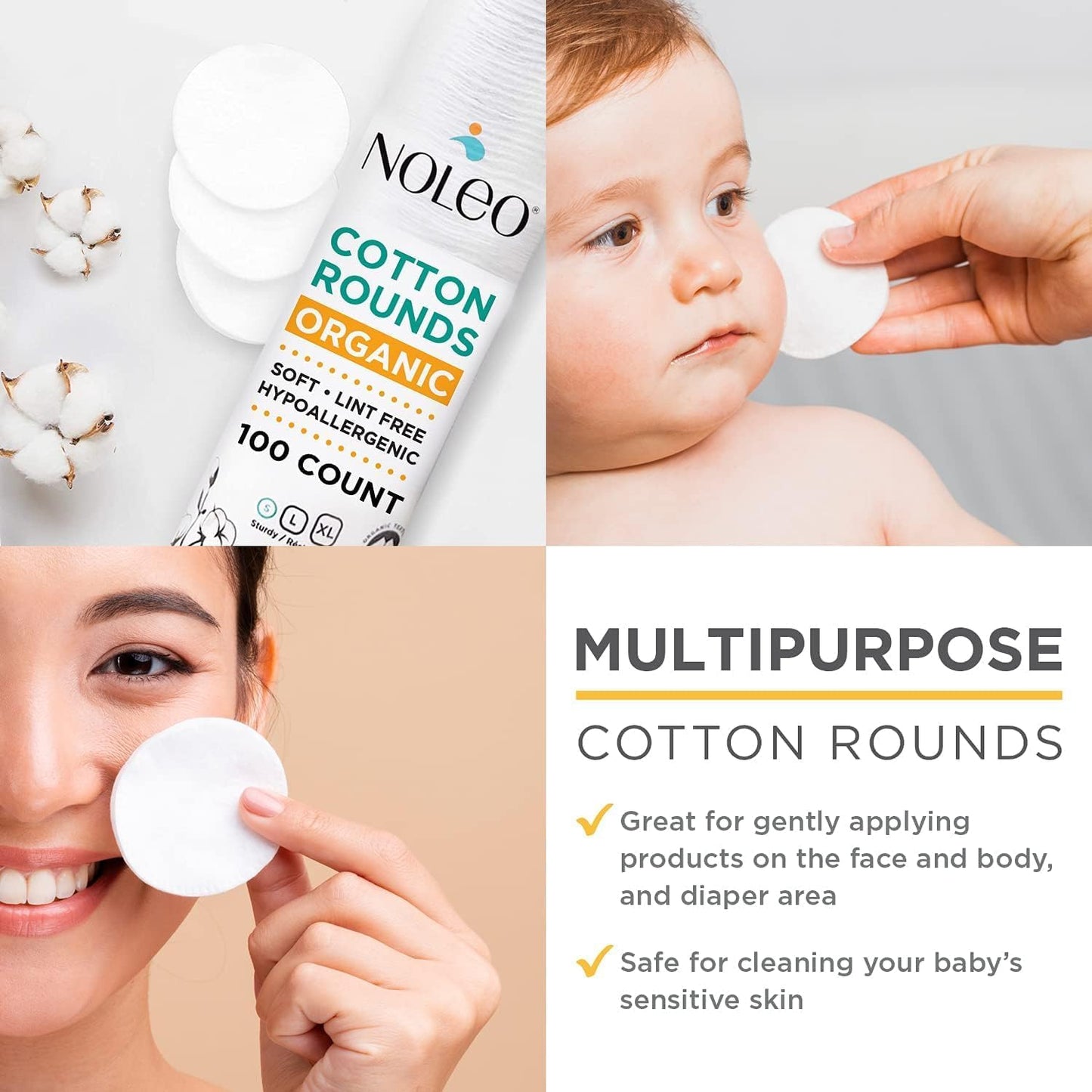Organic Cotton Rounds Compatible with Makeup Products, Eye Makeup Remover Pads and Baby Wipes, Small, 600 Count - Noleo