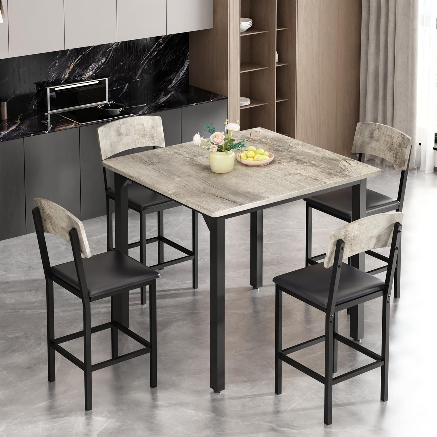 AWQM 5-Piece Dining Table Set, Dining Table Set for 4, Counter Height Table & 4 Bar Stools, Modern Kitchen Dining Set, with Upholstered Chairs, Compact Dining Set for Small Spaces, Gray