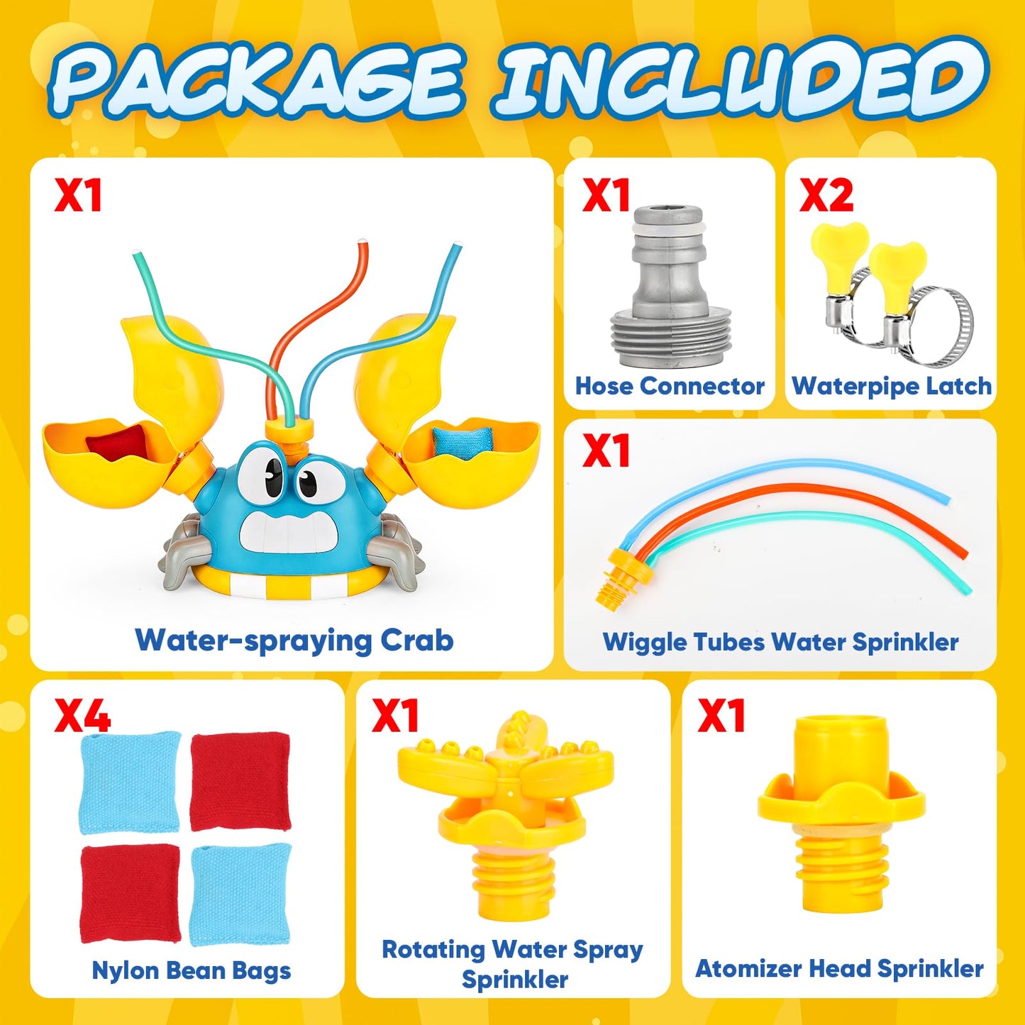 Water Sprinkler for Kids Toddlers, 4 in 1 Crab Sprinklers for Yard with 3 Spray Patterns & 4 Bean Bags for Toss Game, Kids Sprinklers for Outside Backyard, Summer Toys Water Fun for Kids 3 4 5 6 7 8
