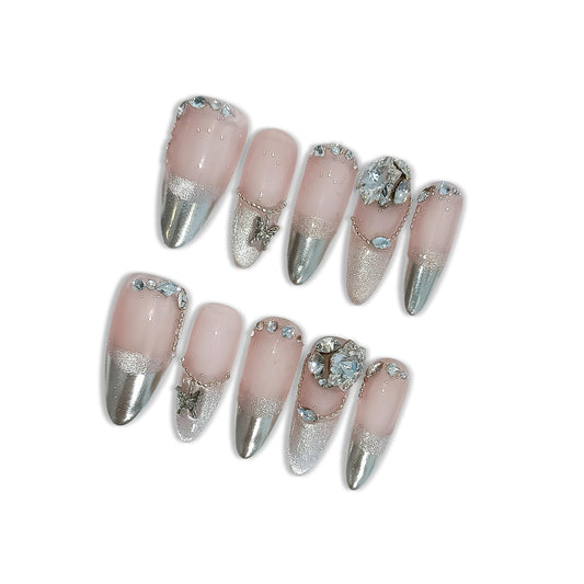 Hantyer French Silver-Tip Press on Nails with Tools Kit, Long Stiletto Glossy Nails in Nude, False Nails with 3D Crystal Vintage Design, Reusable Nails in Old Hollywood Glam for Women(Size S)