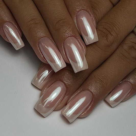 White French Tip Press on Nails - Medium Square Fake Nails with Chrome Design - Glossy Full Cover Stick on False Nails - for Women 24 Pcs