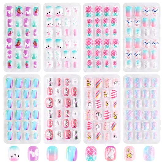 Jsiallye Kids Press on Nails - 192PCS Colorful Unicorn Patterns Kids Fake Nails, Strong Short Square False Nails Gifts for 7-12 Years Old Manicure