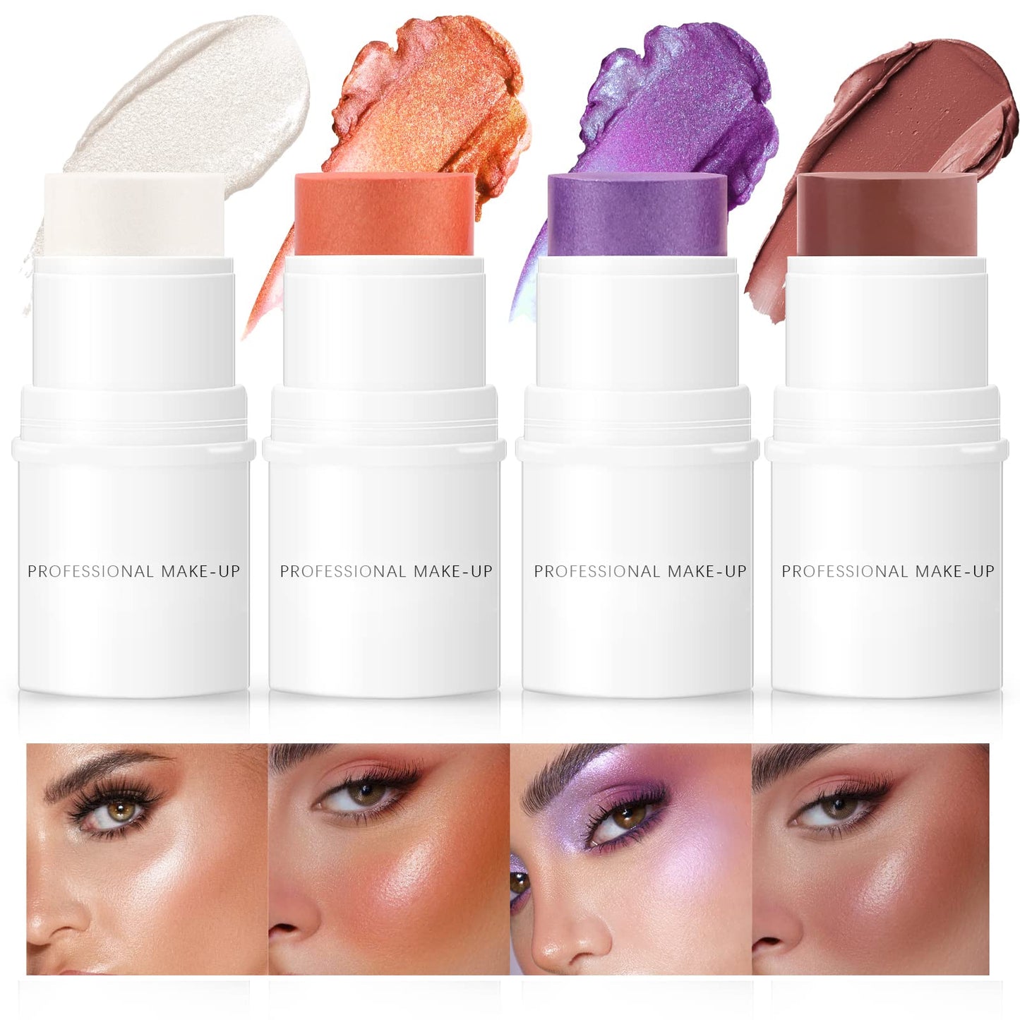 HOSAILY 4 Colors Cream Blush Highlighter Contour Blush Stick Creamy Cosmetics Stick Set, 4 in 1 Waterproof and Long Lasting Bronze Stick Moisturizer Makeup Sticks
