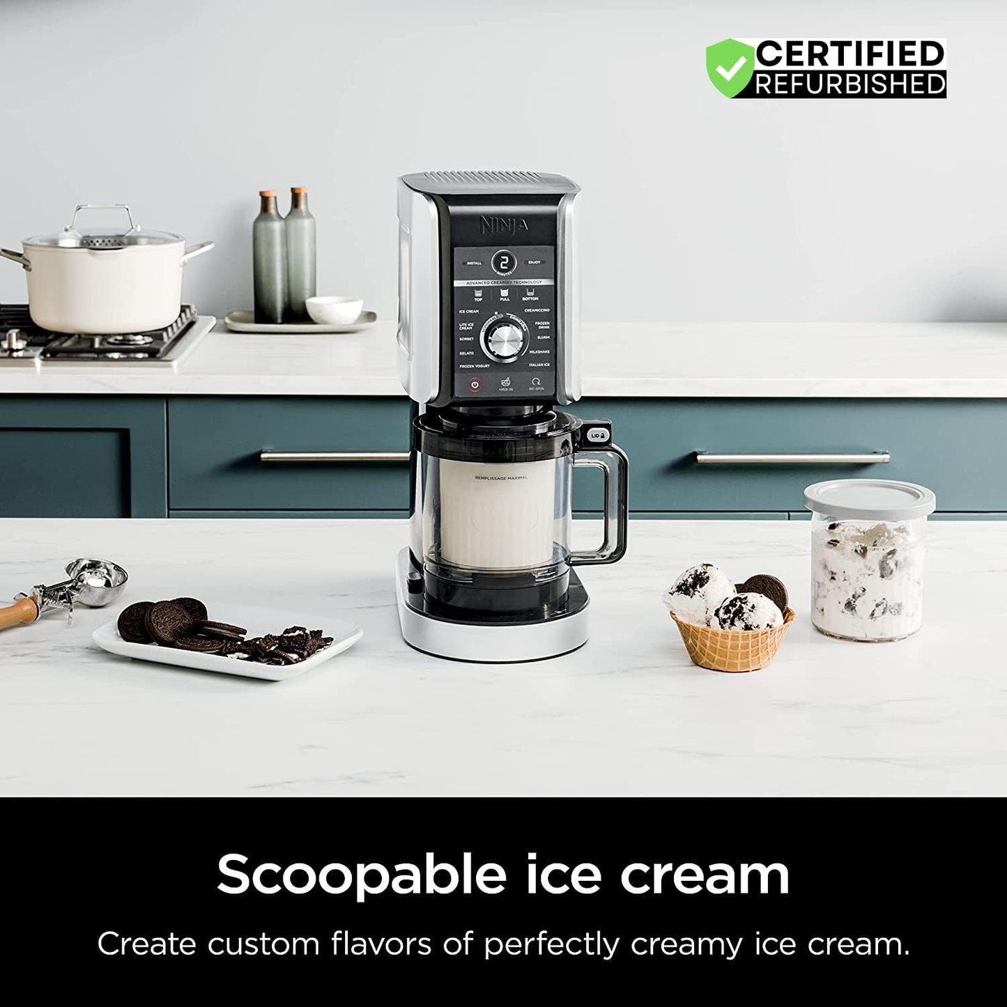 Ninja NC501 CREAMi Deluxe 11-in-1 XL Ice Cream Maker Silver (Renewed) Bundle with Deco Essentials 6 Pack of Pints and Lids for Ninja Creami